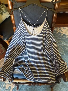 Lane Bryant Navy and White Striped Cold-Shoulder Top
